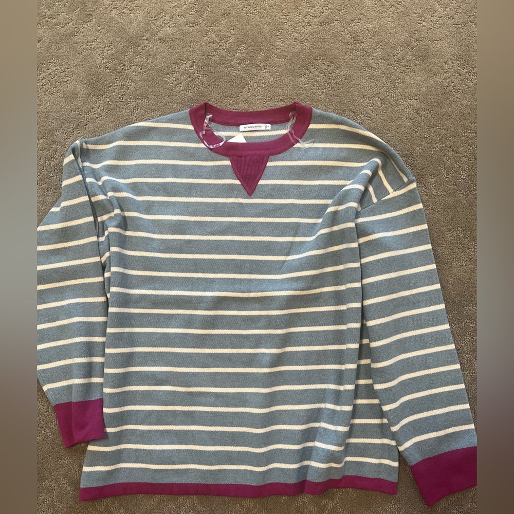 Staccato Blue and Cream Crewneck Sweater with Stripes. New with tag.